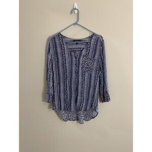 Fred David Women’s Blue Pink Florally Print Blouse 3/4 Sleeve Size Petite Large